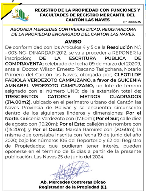 REGISTRO DE LA PROPIEDAD CON FUNCIONES Y FACULTADES DE REGISTRO MERCANTIL DEL CANTÓN LAS NAVES RESOLUCIÓN N. 003-NG-DINARDAP 2012 – REF.0000735