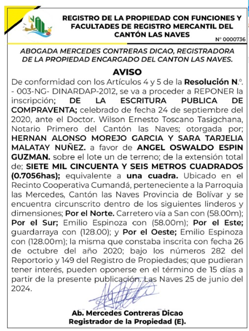 REGISTRO DE LA PROPIEDAD CON FUNCIONES Y FACULTADES DE REGISTRO MERCANTIL DEL CANTÓN LAS NAVES RESOLUCIÓN N. 003-NG-DINARDAP 2012 – REF.0000736