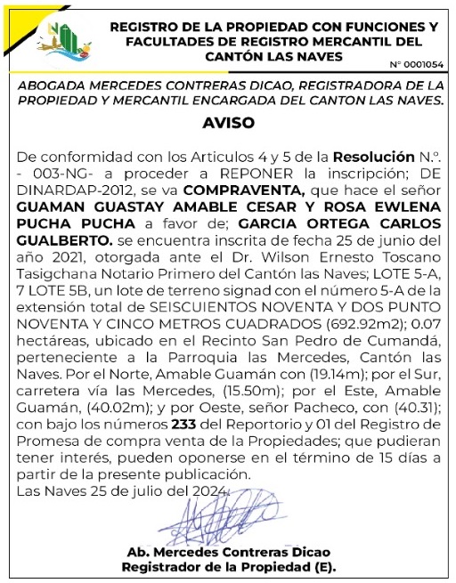 REGISTRO DE LA PROPIEDAD CON FUNCIONES Y FACULTADES DE REGISTRO MERCANTIL DEL CANTÓN LAS NAVES RESOLUCIÓN N. 003-NG-DINARDAP 2012 – REF.0001054