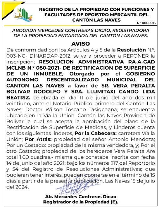 REGISTRO DE LA PROPIEDAD CON FUNCIONES Y FACULTADES DE REGISTRO MERCANTIL DEL CANTÓN LAS NAVES RESOLUCIÓN N. 003-NG-DINARDAP 2012 – REF.000913