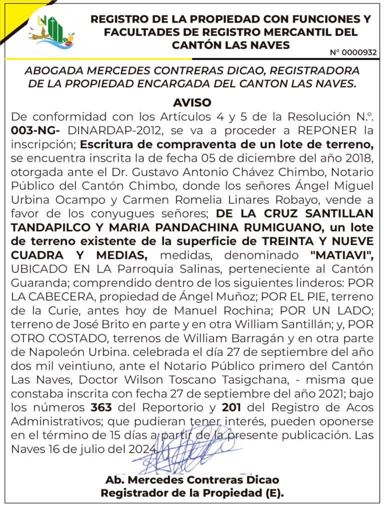 REGISTRO DE LA PROPIEDAD CON FUNCIONES Y FACULTADES DE REGISTRO MERCANTIL DEL CANTÓN LAS NAVES RESOLUCIÓN N. 003-NG-DINARDAP 2012 – REF.0000932
