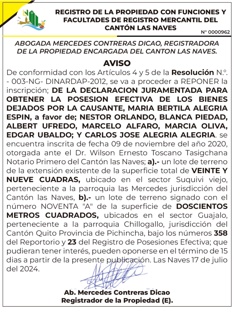 REGISTRO DE LA PROPIEDAD CON FUNCIONES Y FACULTADES DE REGISTRO MERCANTIL DEL CANTÓN LAS NAVES RESOLUCIÓN N. 003-NG-DINARDAP 2012 – REF.0000962