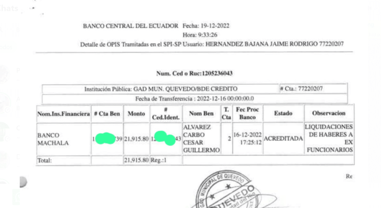 Captura correspondiente a planilla de pago de liquidacion correspondiente a Guillermo Álvarez Carbo.Fuente: GAD-Quevedo