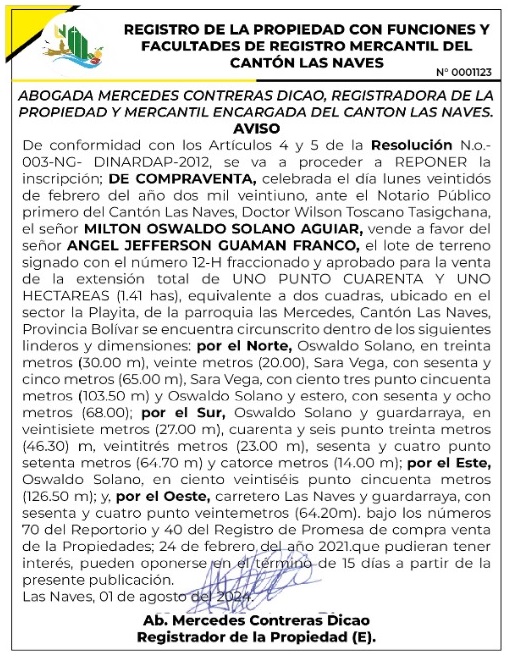 REGISTRO DE LA PROPIEDAD CON FUNCIONES Y FACULTADES DE REGISTRO MERCANTIL DEL CANTÓN LAS NAVES RESOLUCIÓN N. 003-NG-DINARDAP 2012 – REF.0001123