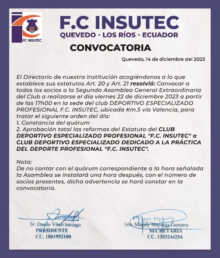 CONVOCATORIA CLUB DEPORTIVO ESPECIALIZADO PROFESIONAL “FC INSUTEC”