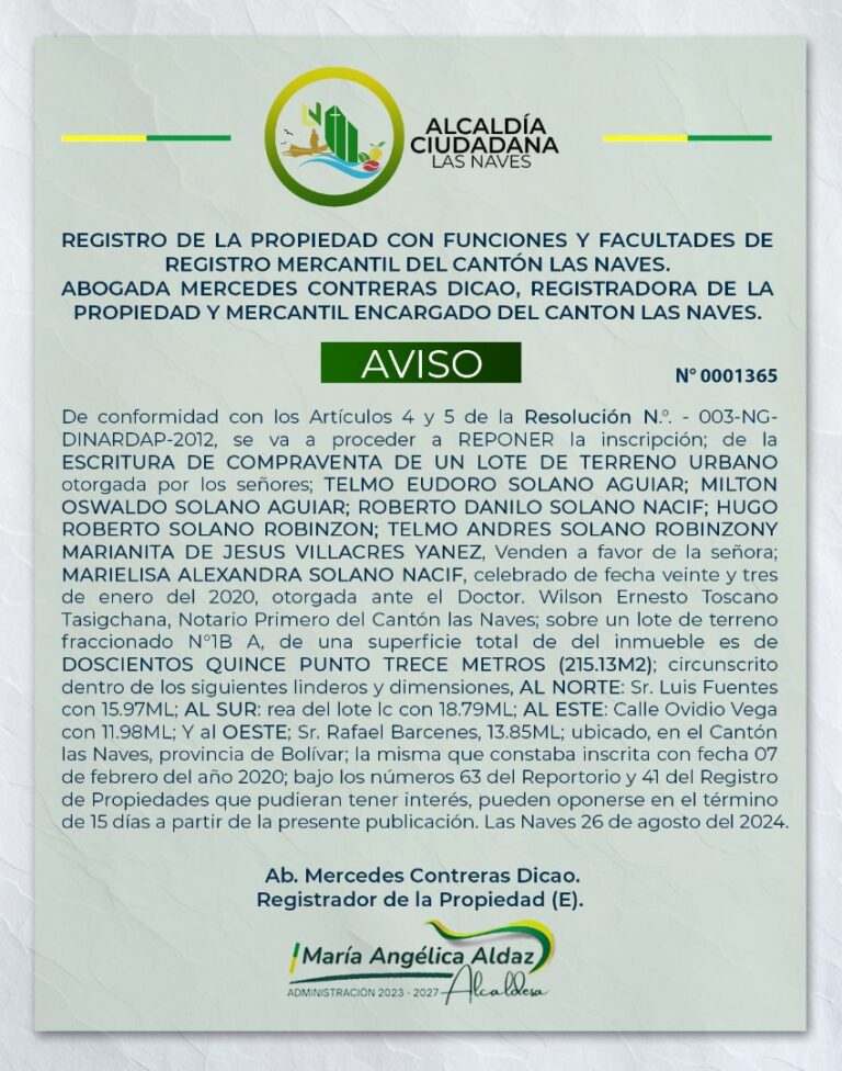 REGISTRO DE LA PROPIEDAD CON FUNCIONES Y FACULTADES DE REGISTRO MERCANTIL DEL CANTÓN LAS NAVES RESOLUCIÓN N. 003-NG-DINARDAP 2012 – REF.0001365