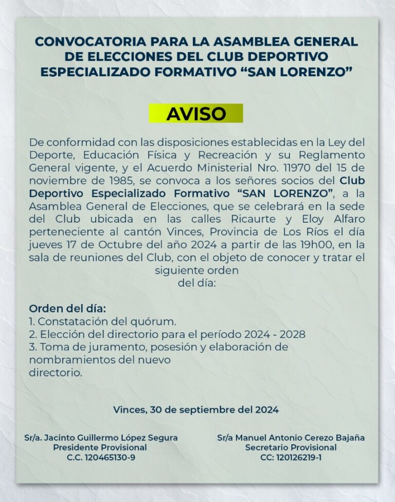 Convocatoria para Asamblea General de  Elecciones del Club Especializado Formativo San Lorenzo